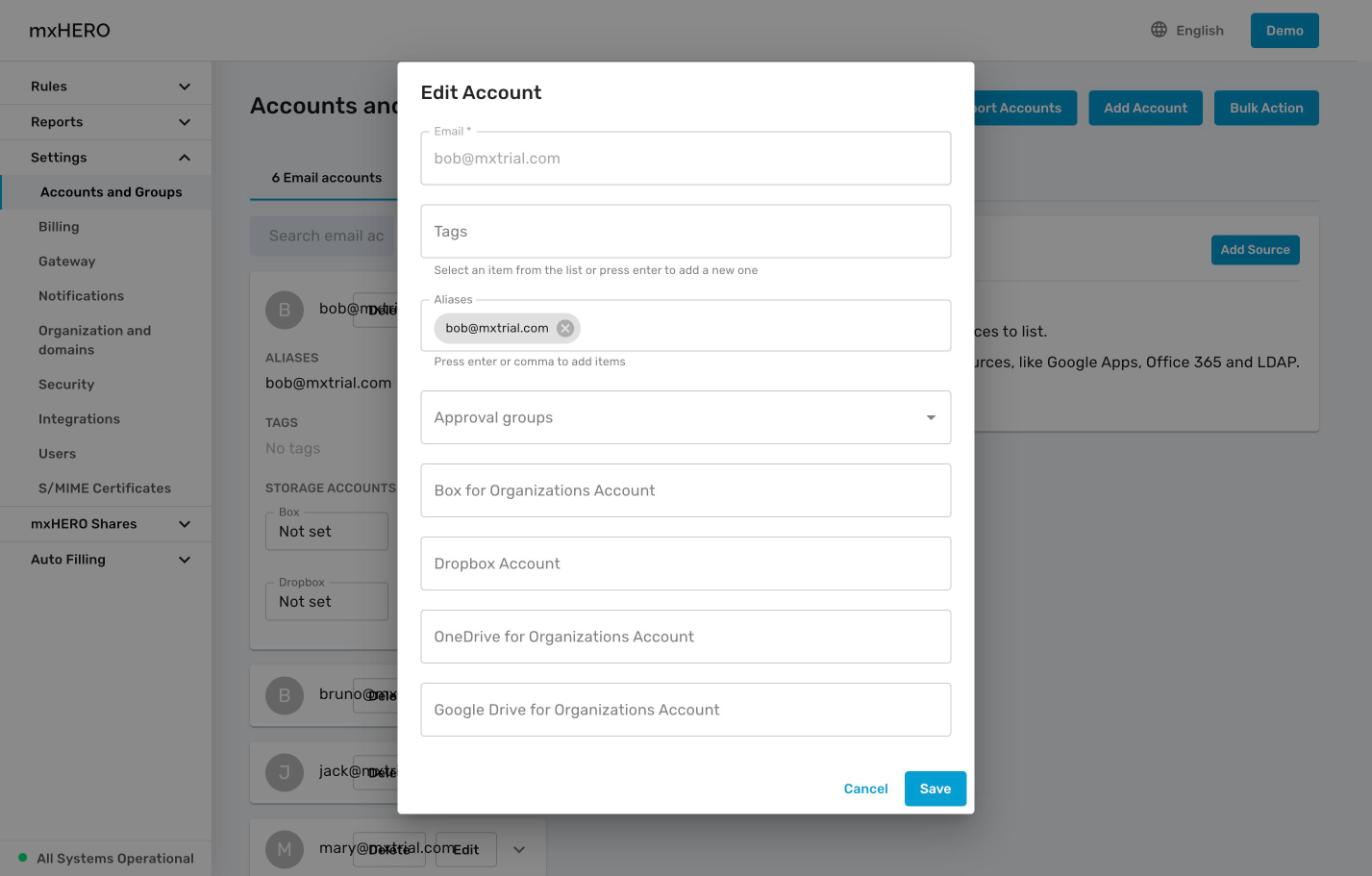 Edit Account dialog with aliases shown as chips