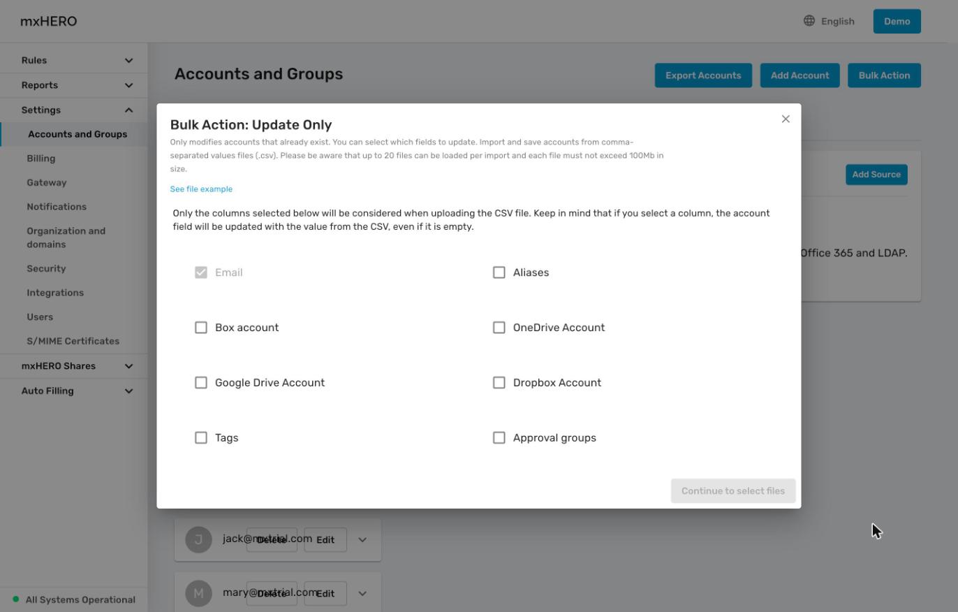 Bulk Action: Update Only dialog with column checkboxes