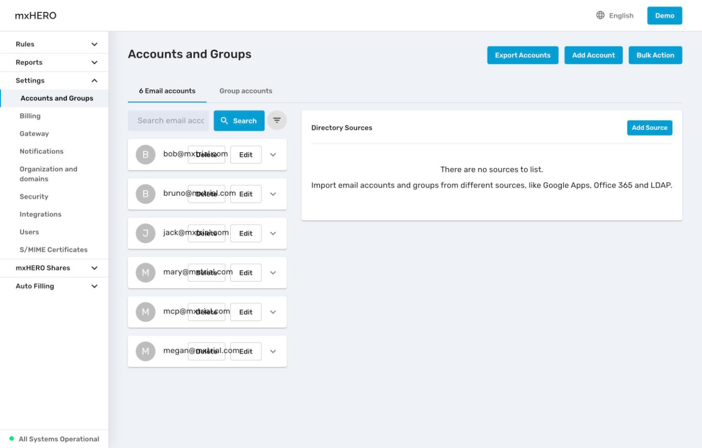 Accounts and Groups page with the Email accounts tab and the Directory Sources panel