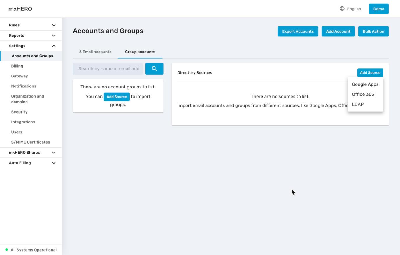 Add Source menu with Google Apps, Office 365 and LDAP