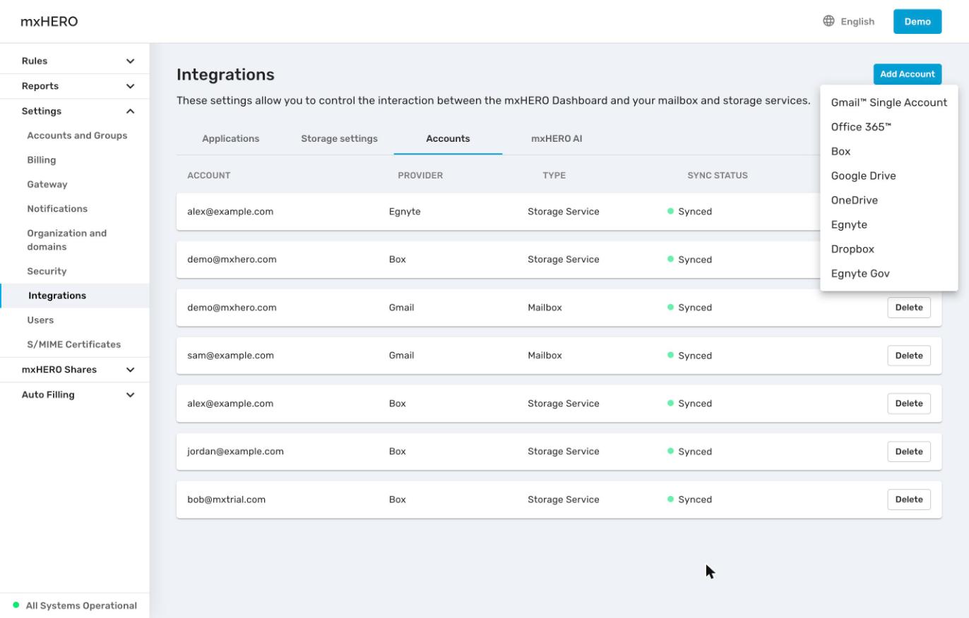 Add Account menu on the Integrations Accounts tab listing Gmail Single Account, Office 365, Box, Google Drive, OneDrive, Egnyte, Dropbox and Egnyte Gov