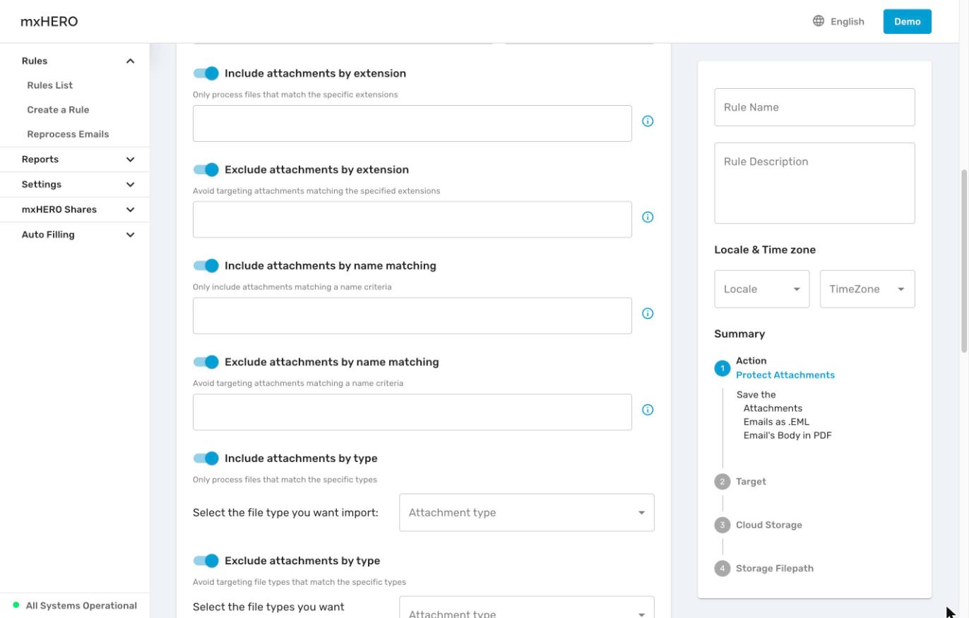 Action Filters panel with attachment size, extension, name and type options
