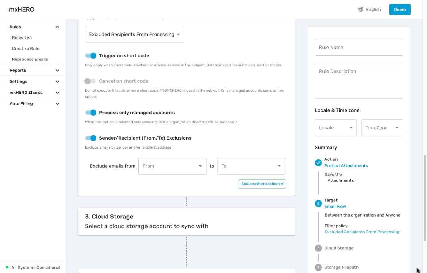 Target Filters panel with filter policy, short code, managed accounts and exclusion options