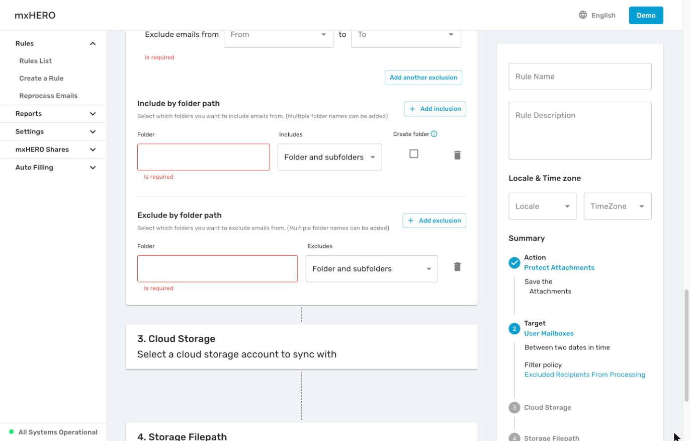Include and Exclude by folder path rows for a User Mailboxes rule