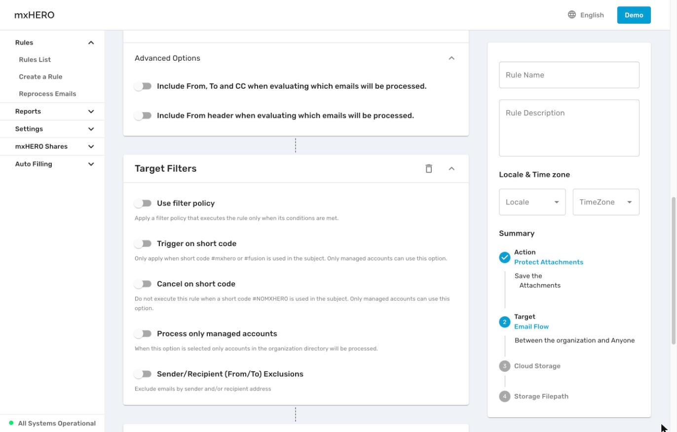 Target Filters panel with the Cancel on short code toggle