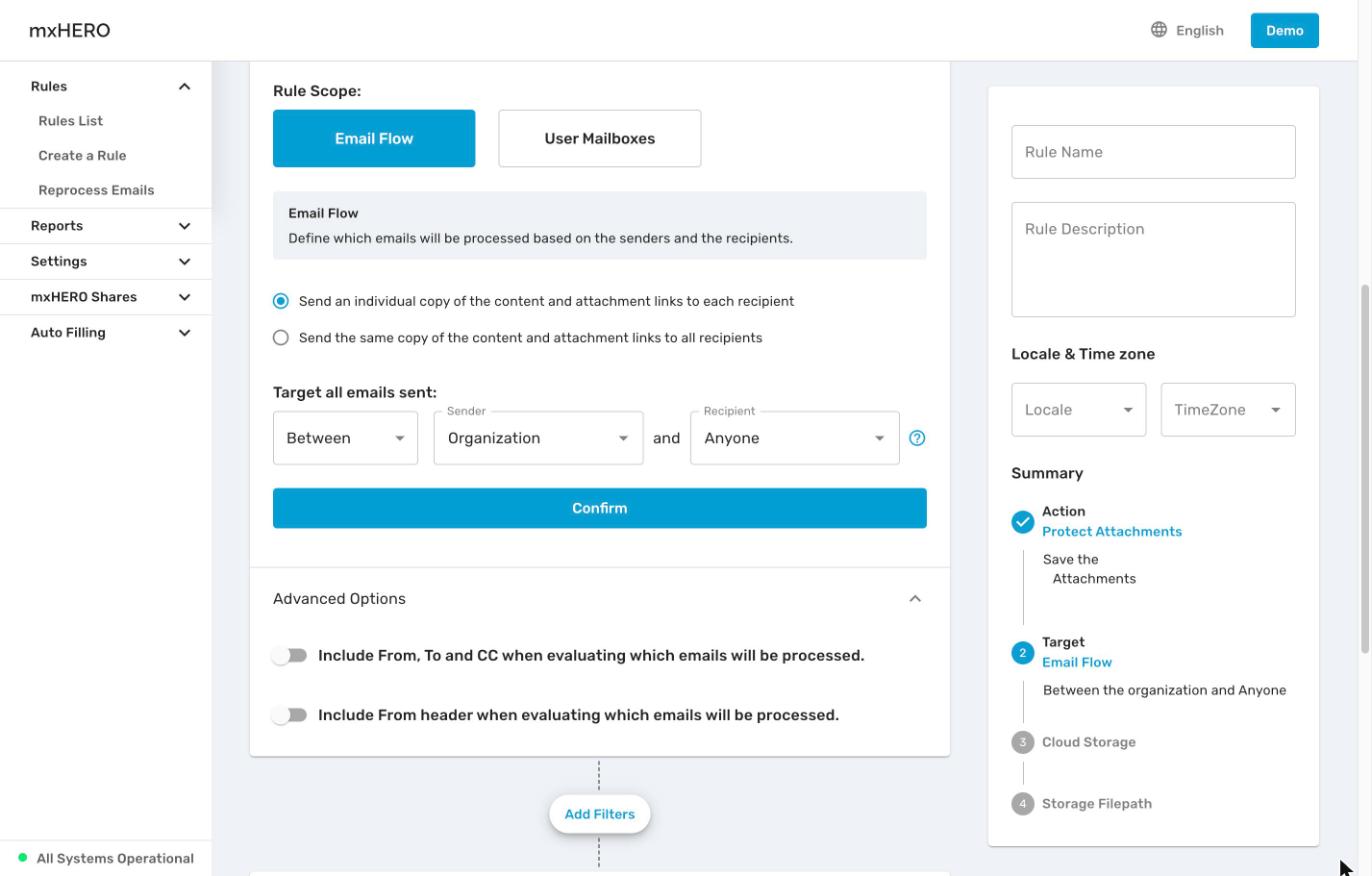 Email Flow Advanced Options with the header evaluation toggles