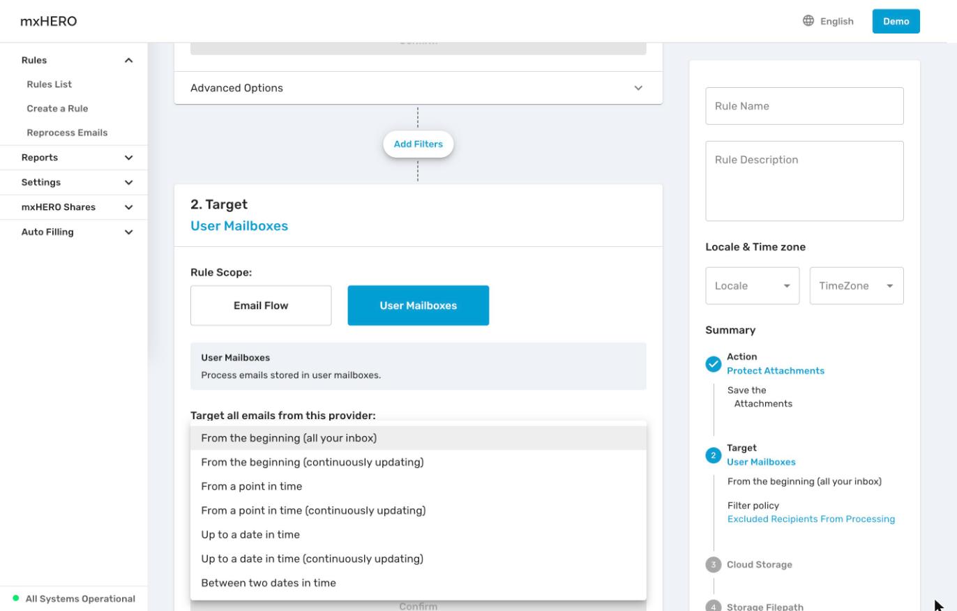 Time range options for a User Mailboxes rule