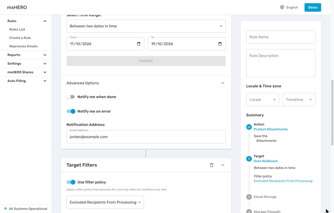 User Mailboxes Advanced Options with notification toggles and Notification Address