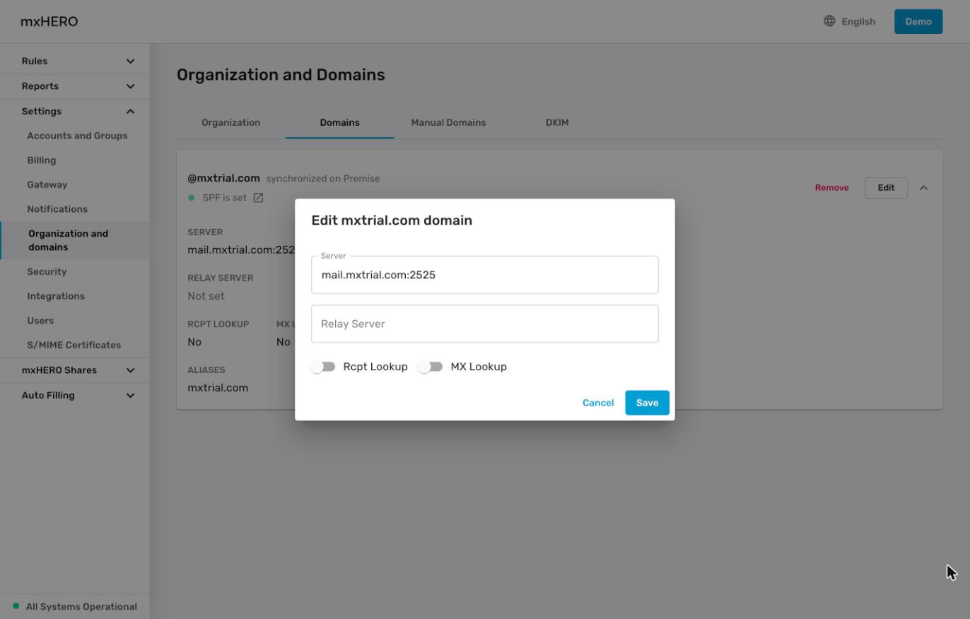 Edit domain dialog with Server, Relay Server, Rcpt Lookup and MX Lookup