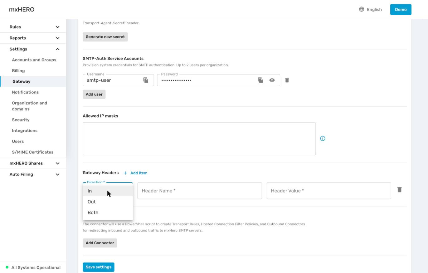 Gateway Headers row with the Direction dropdown open