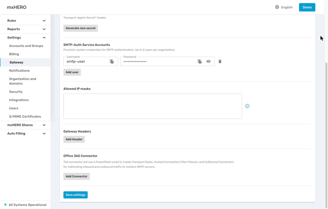 Allowed IP masks, Gateway Headers, Office 365 Connector and Save settings