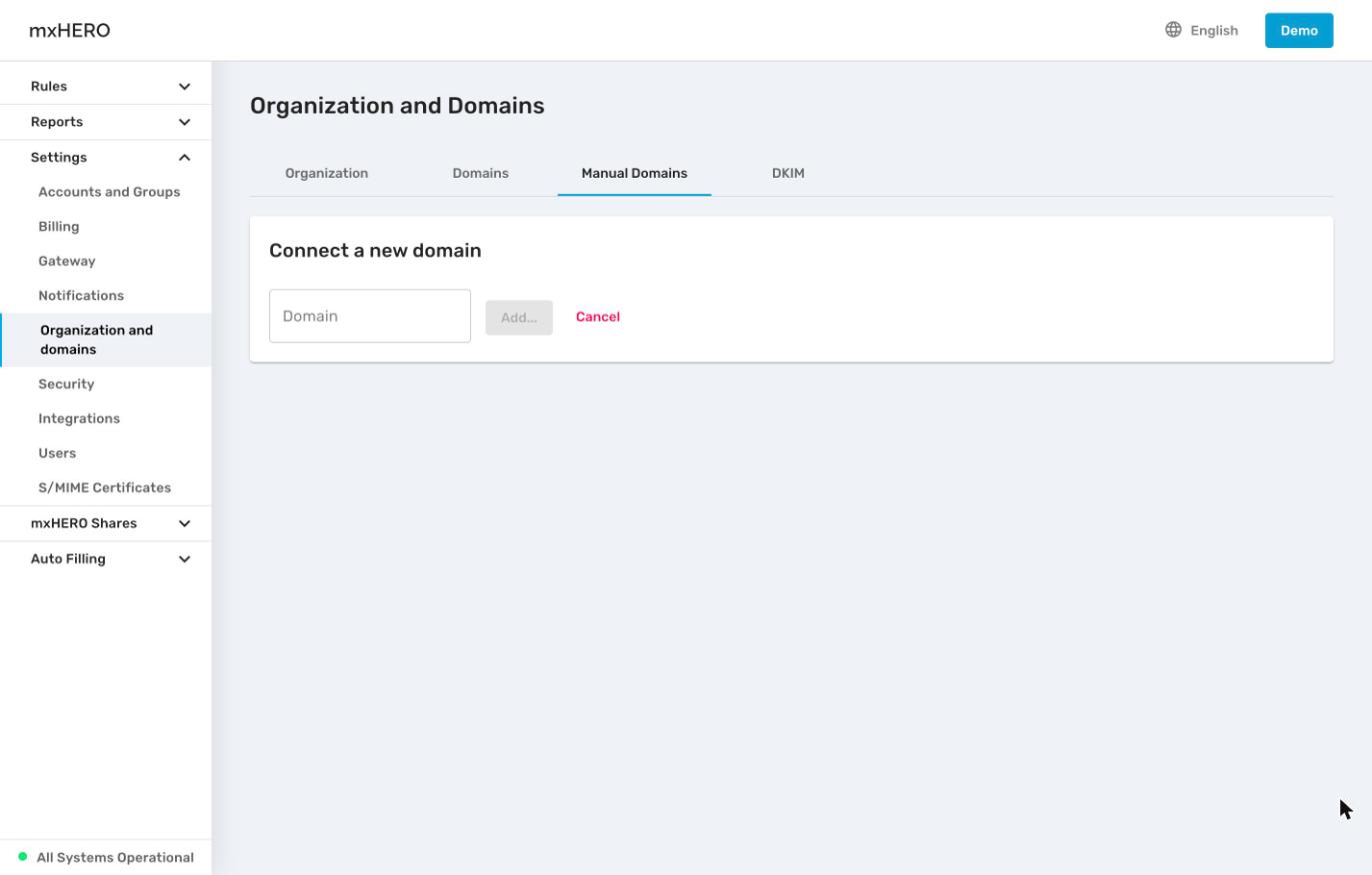 Connect a new domain form with the Domain field and Add button