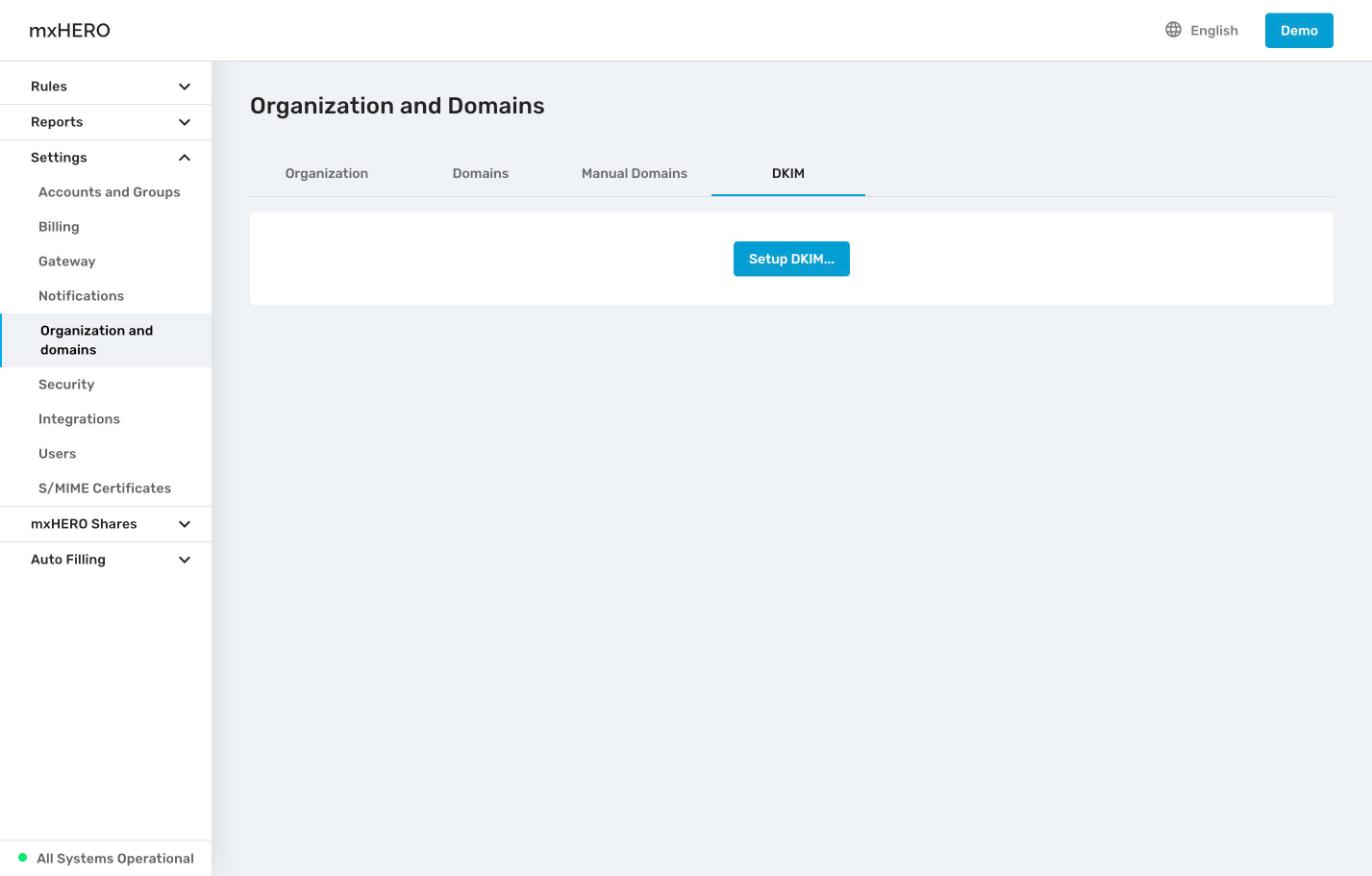 DKIM tab with the Setup DKIM button