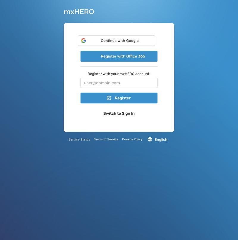 Registration page with the Google, Office 365 and email options