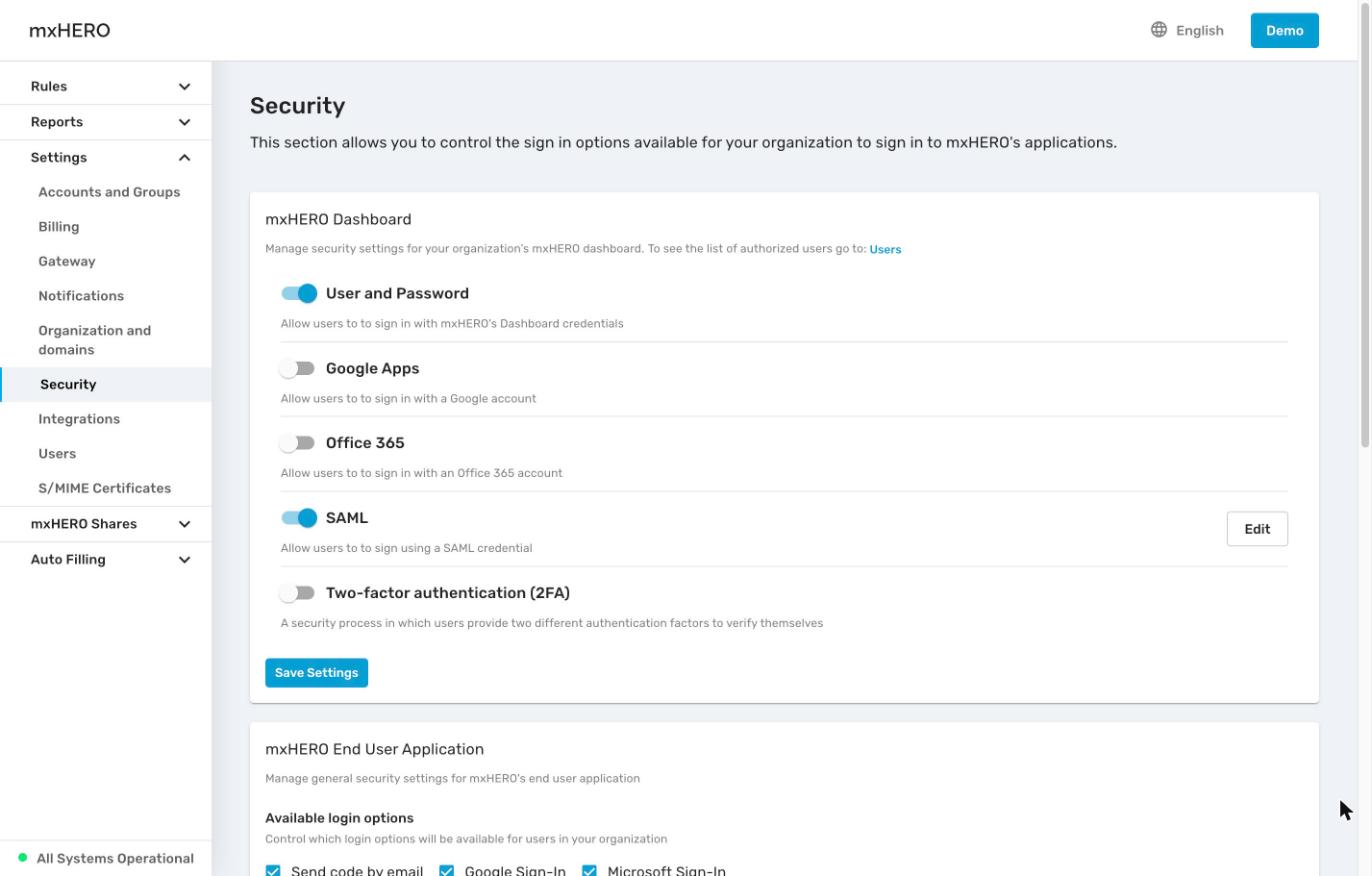 Security page, mxHERO Dashboard card with sign-in options and 2FA