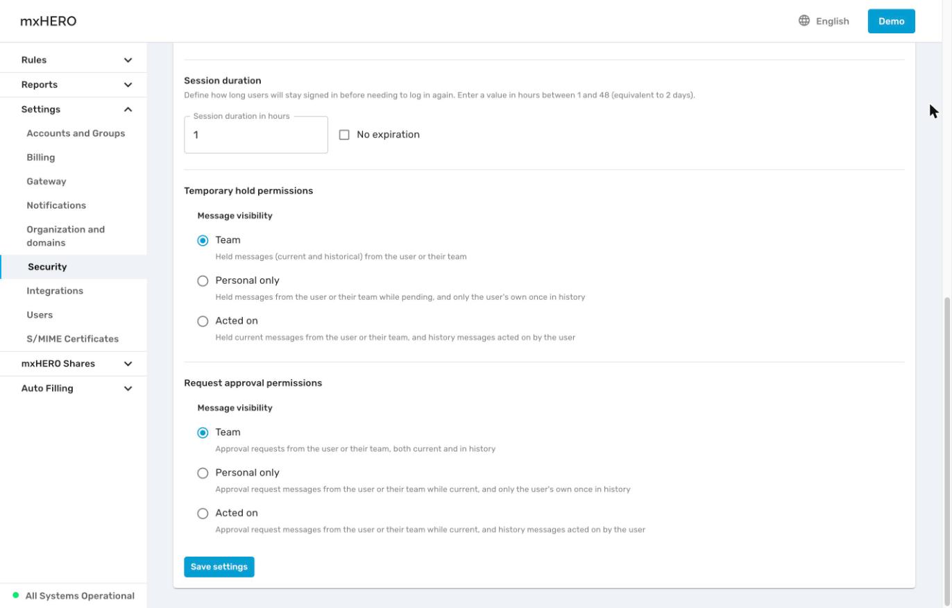 End User Application card with session duration and message visibility options