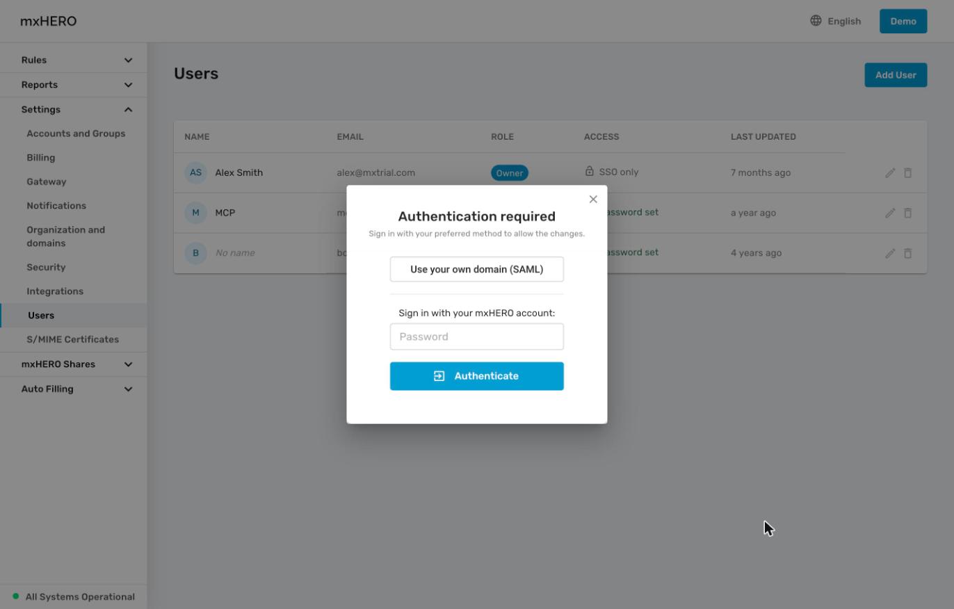 Authentication required dialog with SAML and password options