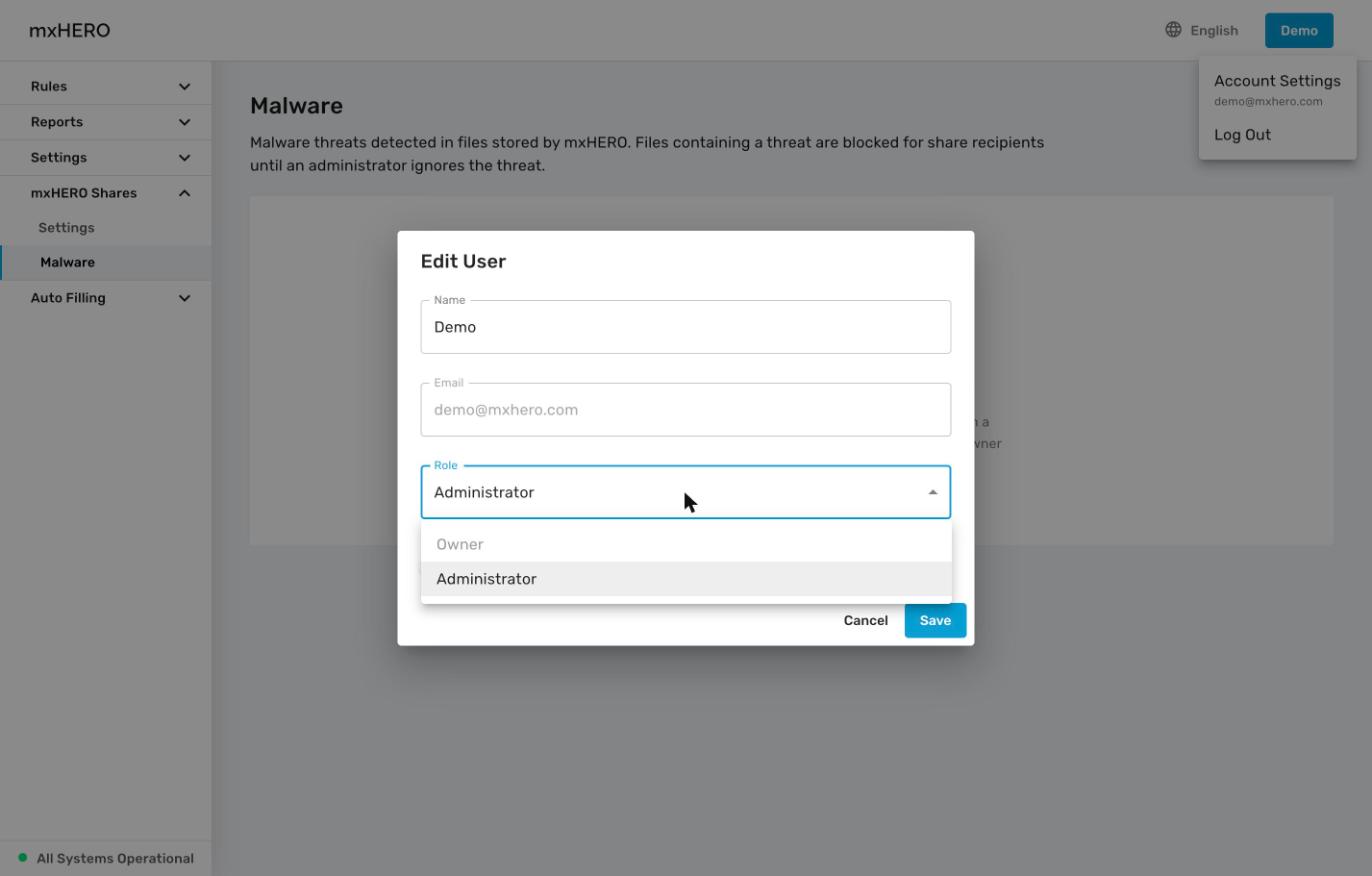 Edit User dialog with the Role list showing Owner disabled and Administrator