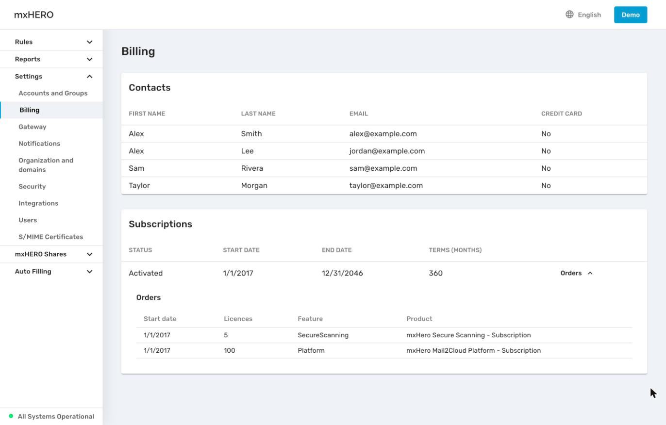 Billing page with Contacts, and Subscriptions with Orders expanded