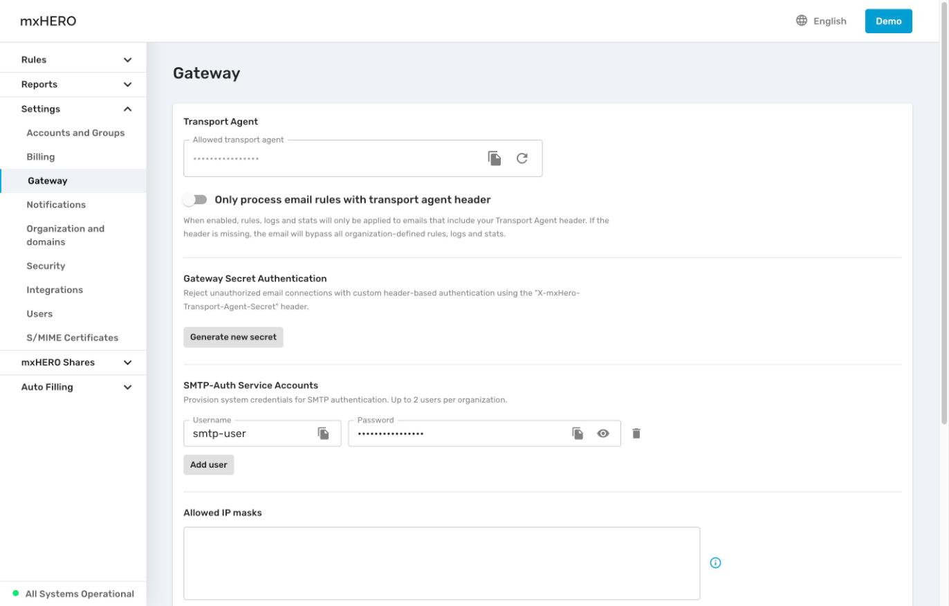 Gateway page with Transport Agent, Gateway Secret Authentication and SMTP-Auth Service Accounts
