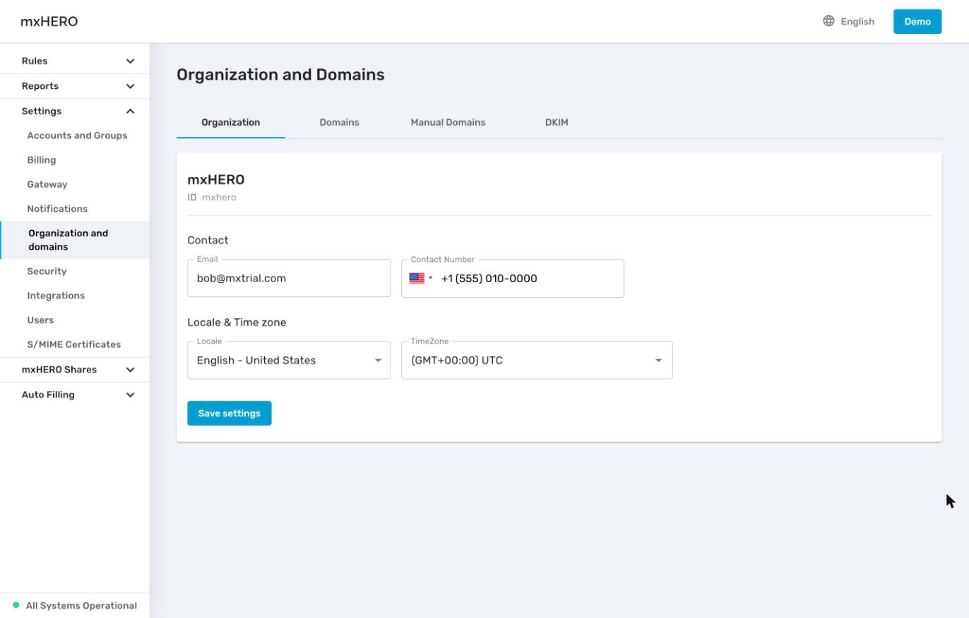 Organization tab with organization ID, contact, locale and time zone