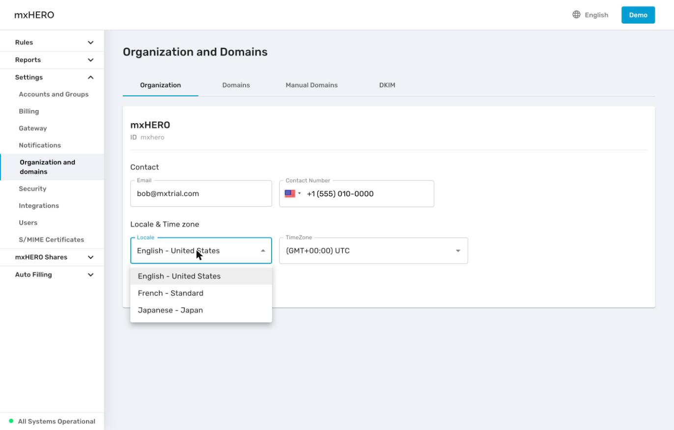 Locale dropdown with English, French and Japanese options