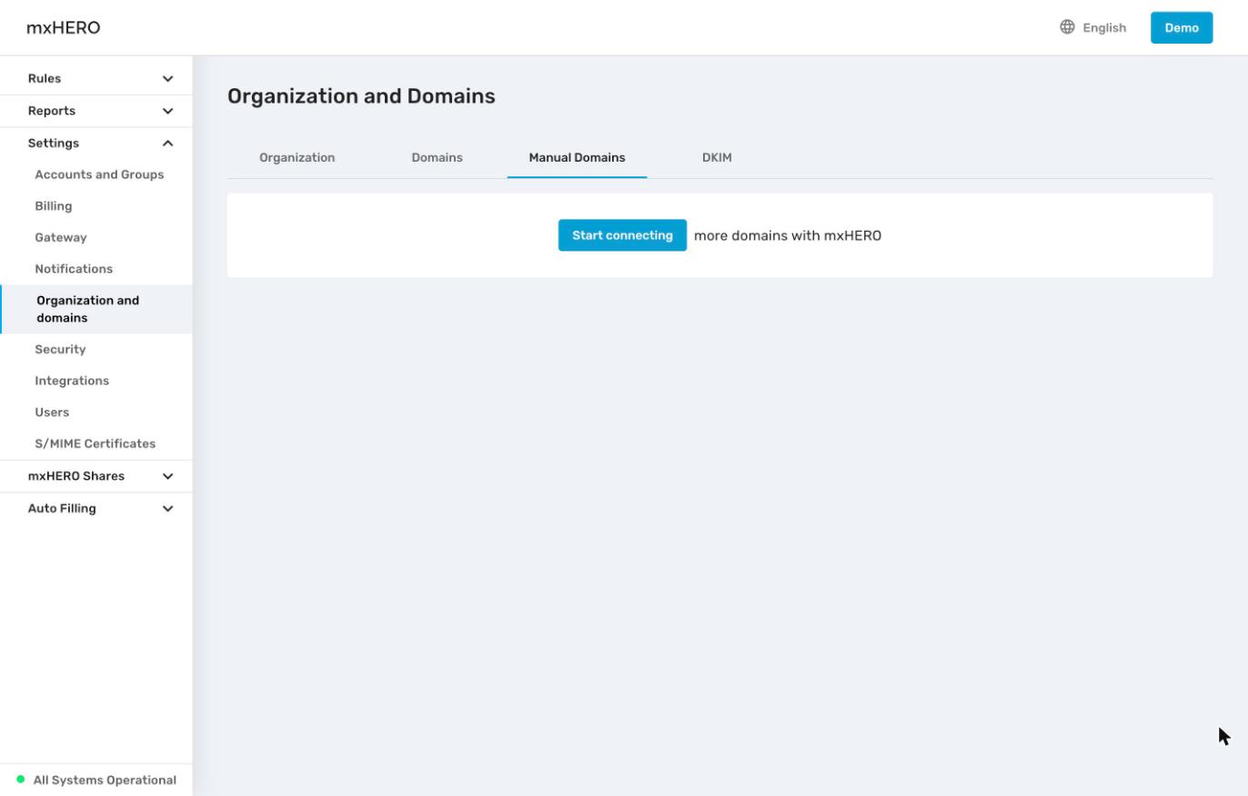 Manual Domains tab with the Start connecting button