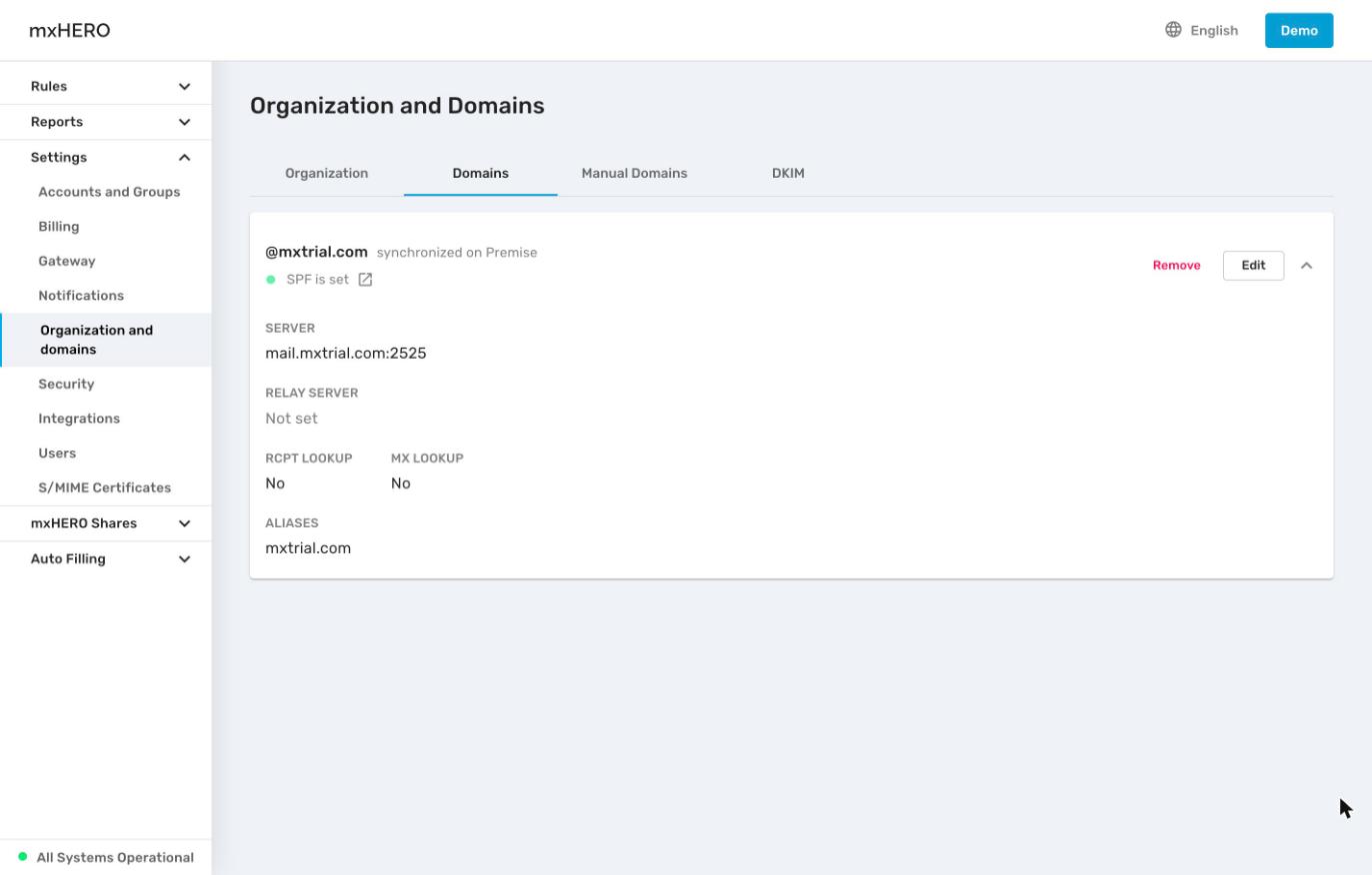 Domains tab with a domain row expanded