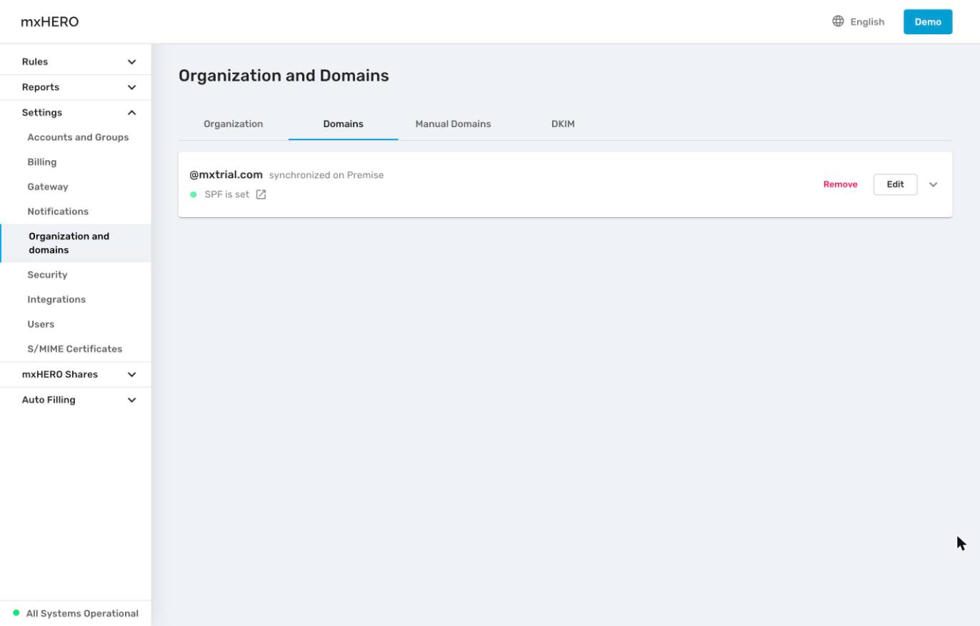 Domains tab listing a domain with its type and SPF status