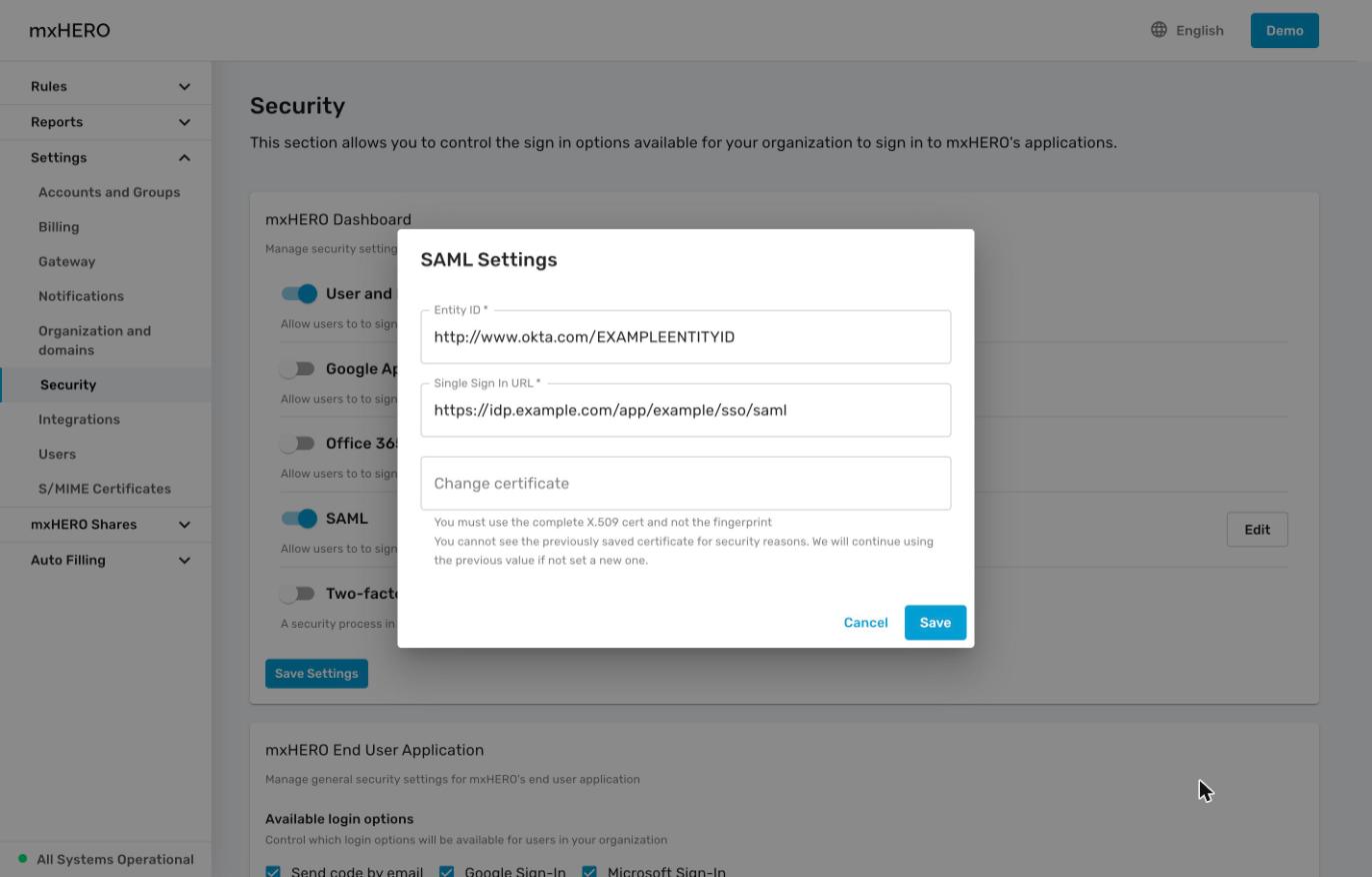 SAML Settings dialog with Entity ID, Single Sign In URL and certificate fields