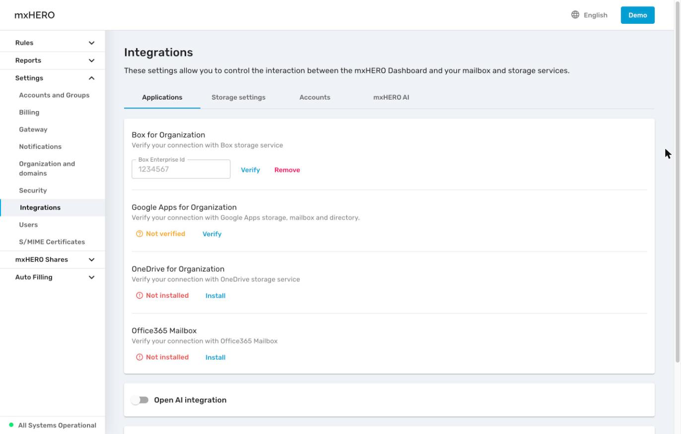 Integrations Applications tab with the Box, Google Apps, OneDrive and Office365 Mailbox cards