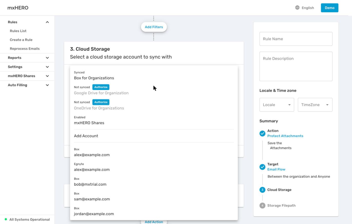 Cloud Storage Account list in a rule showing organization accounts with Synced or Not synced status and Authorize buttons