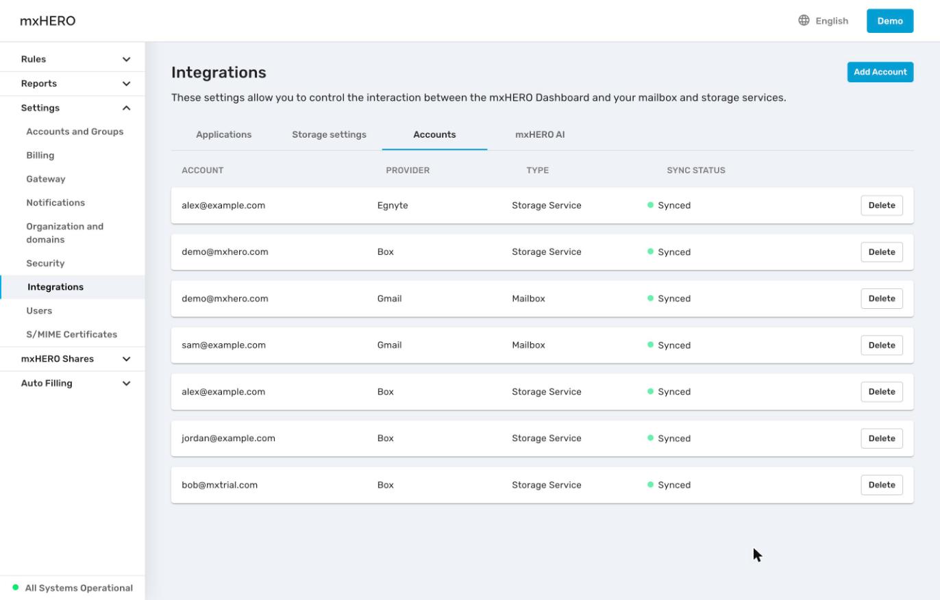 Integrations Accounts tab listing accounts with provider, type and sync status