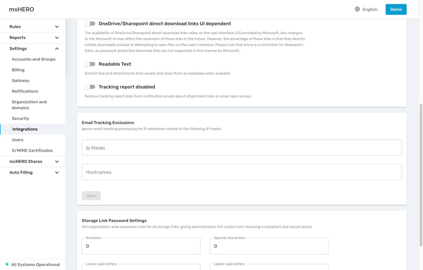 Storage settings toggles and email tracking exclusions
