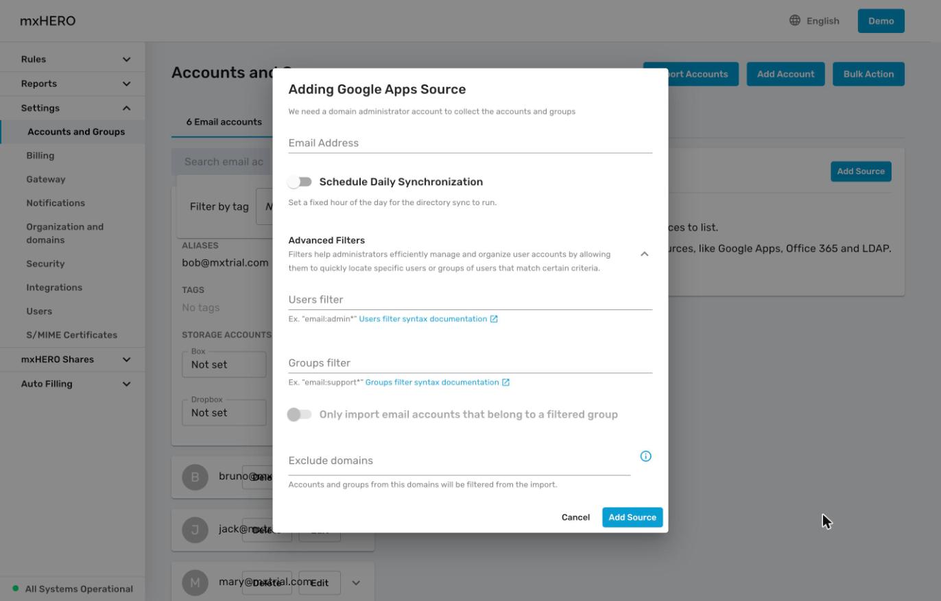 Adding Google Apps Source dialog with Advanced Filters expanded