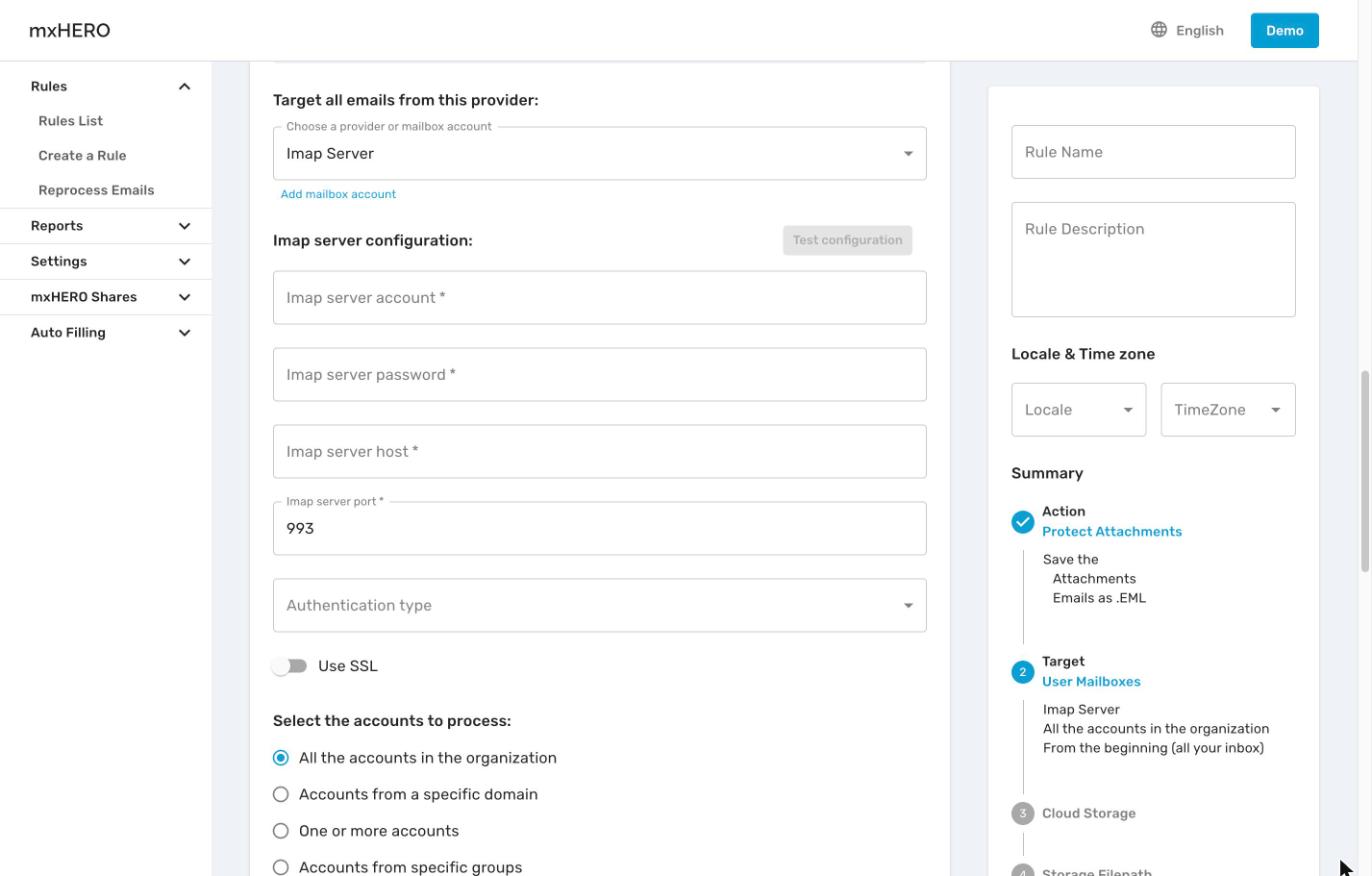 IMAP server settings in the rule's Target step, with the Test configuration button