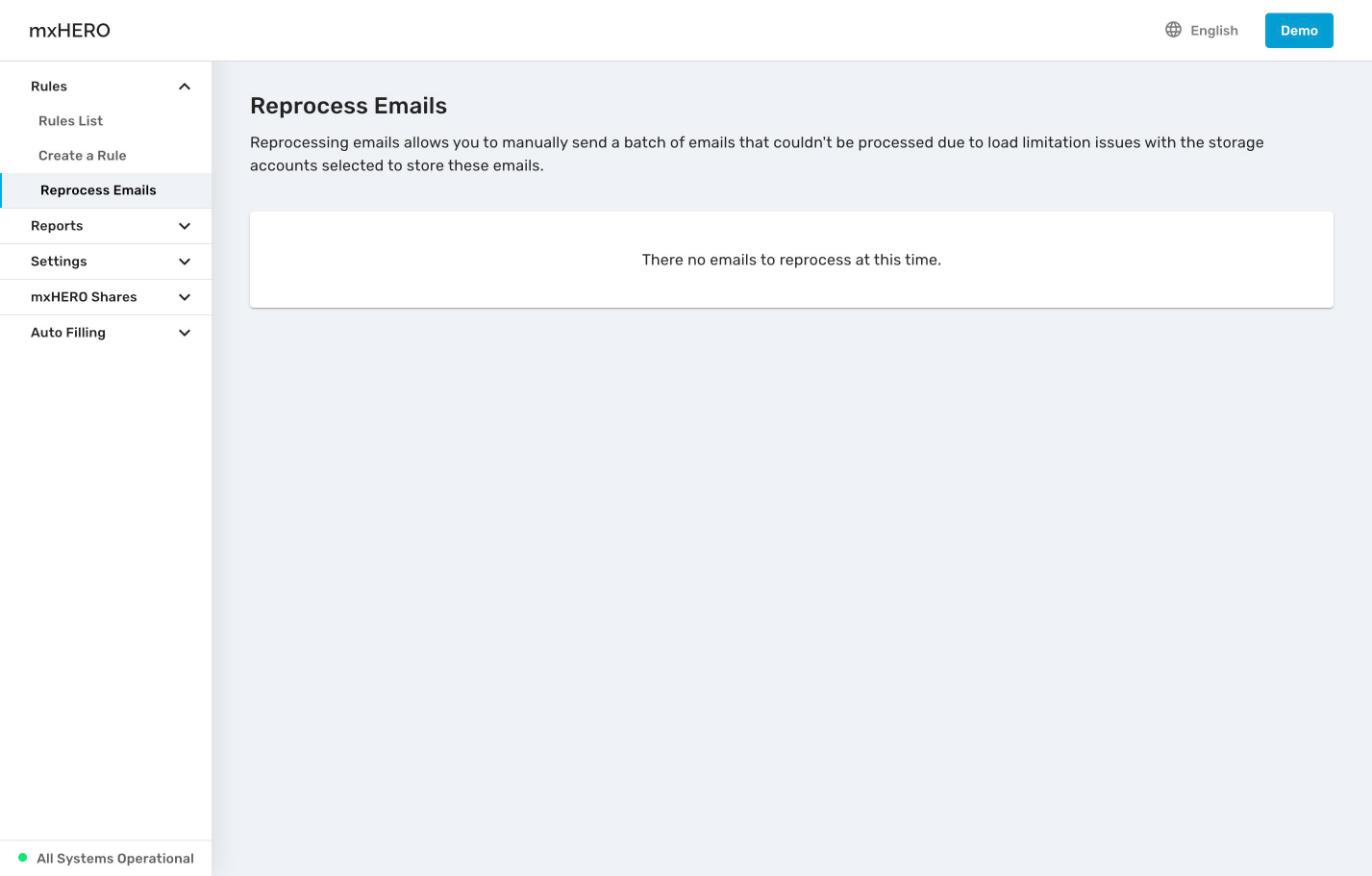 Reprocess Emails page with its description and the empty state message