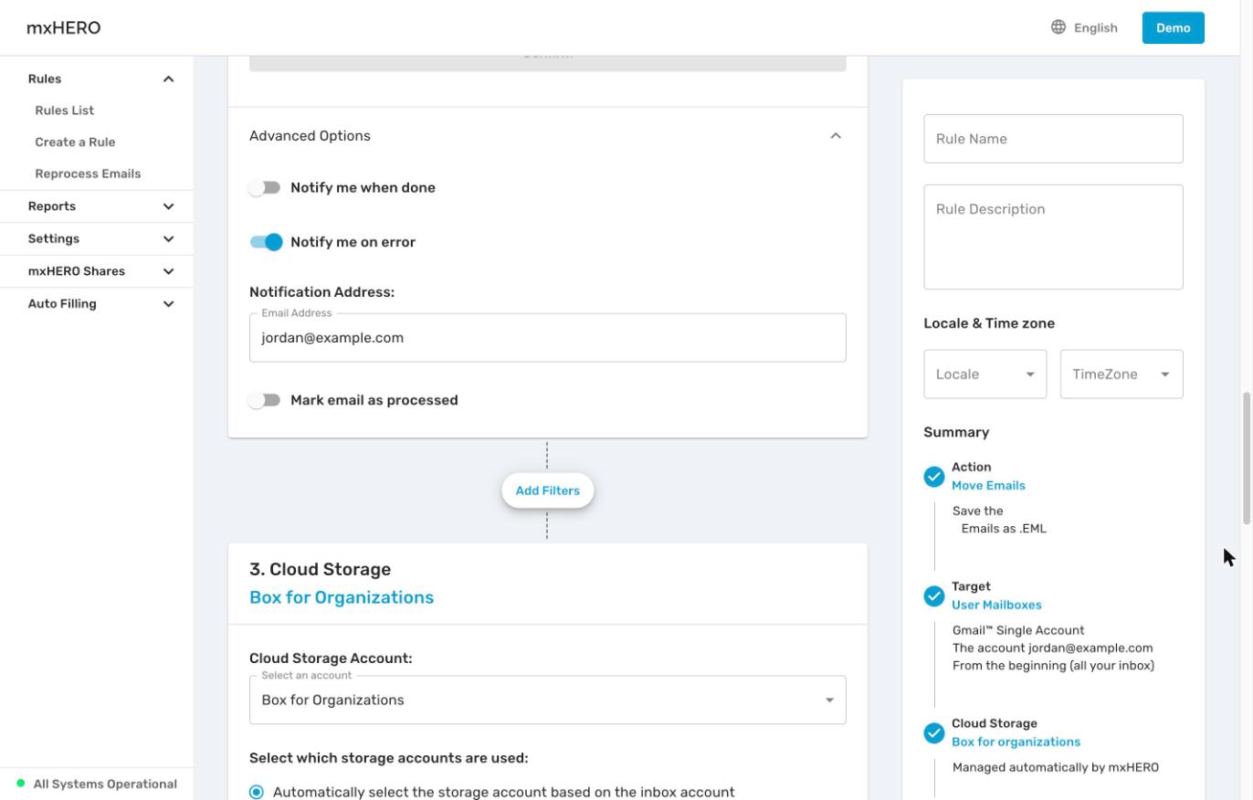 Target Advanced Options with Mark email as processed and the rule Summary