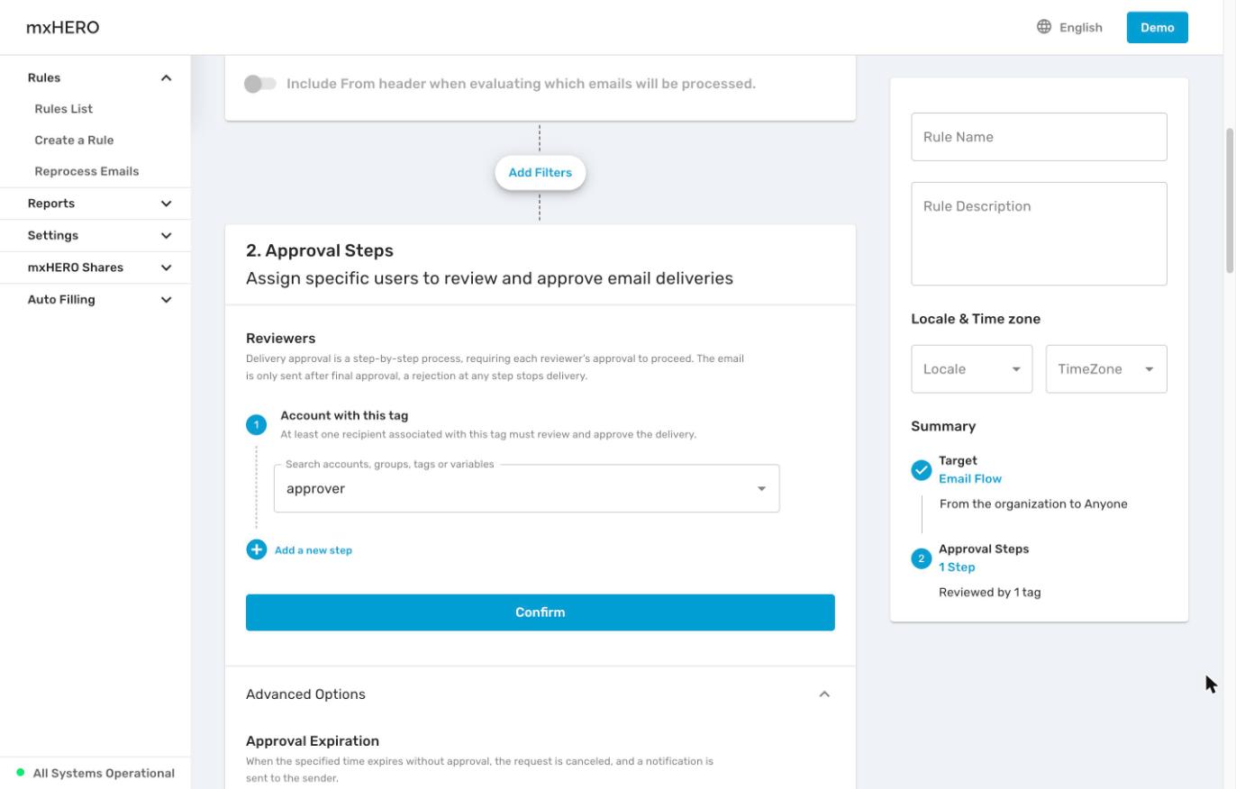 Approval Steps with a tag as the step 1 reviewer, Add a new step, and the Summary