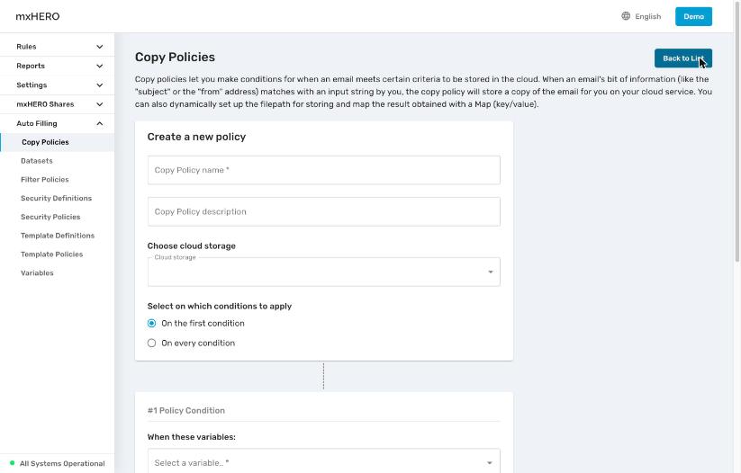 Top of the Create a new policy form for a Copy Policy