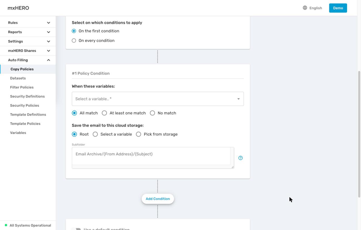 #1 Policy Condition with variables, match mode, destination options and Subfolder