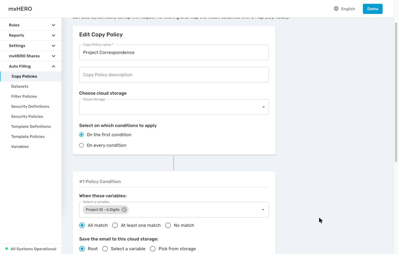 Edit Copy Policy showing a project correspondence policy