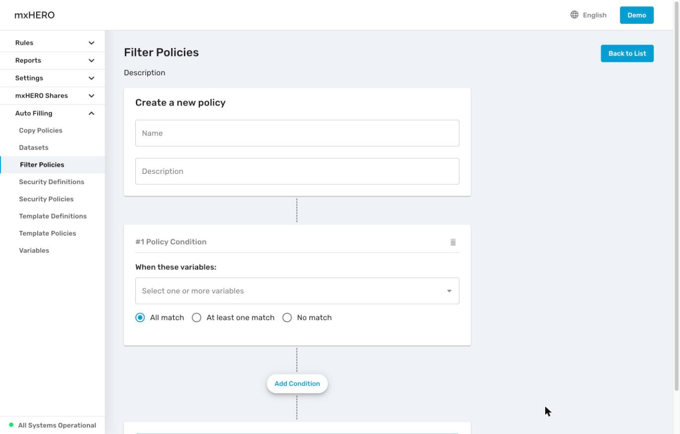 Create a new policy form for a Filter Policy with Name, Description and #1 Policy Condition
