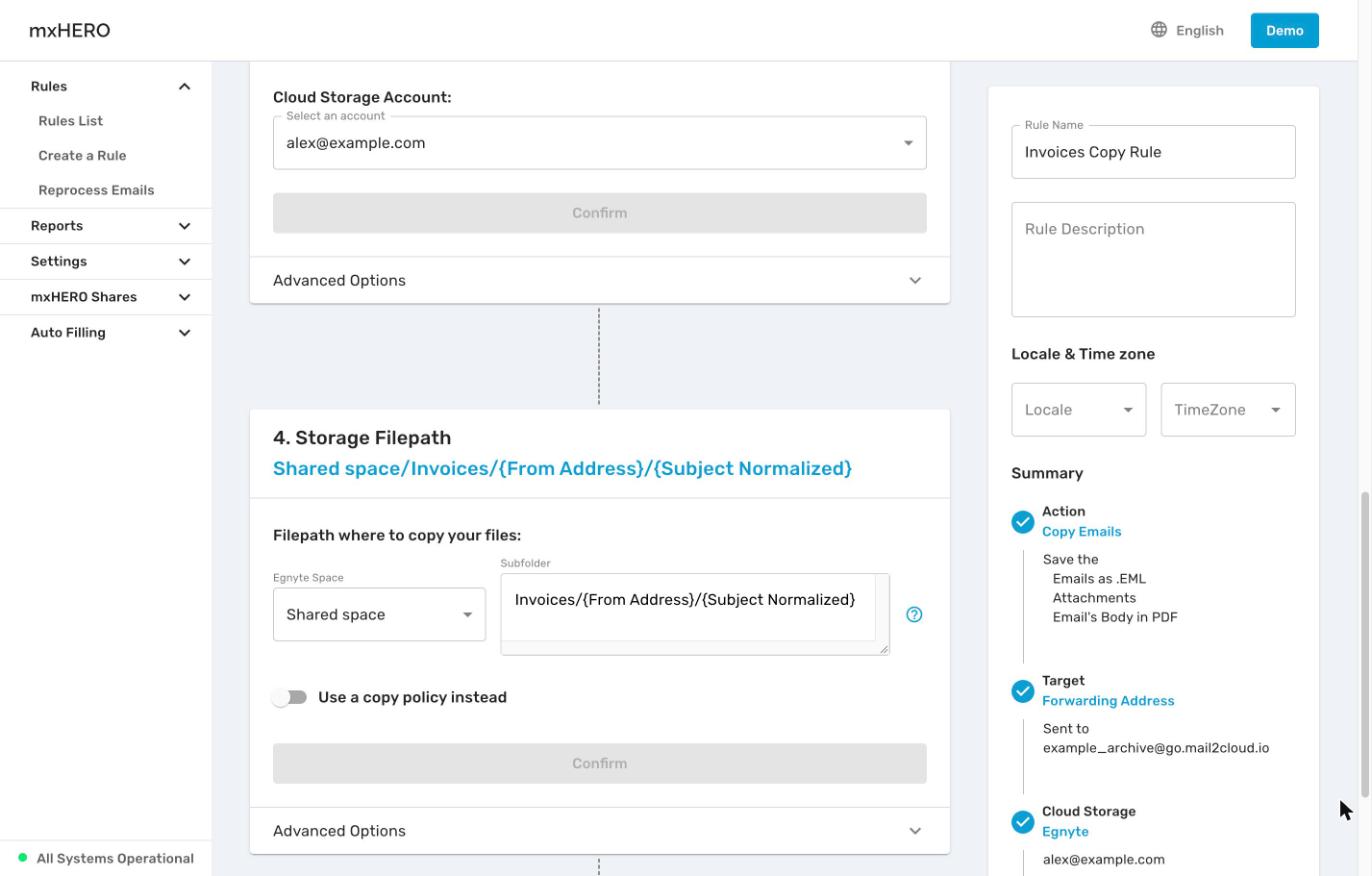 Egnyte storage in the Storage Filepath step, with the Egnyte Space select next to the Subfolder field
