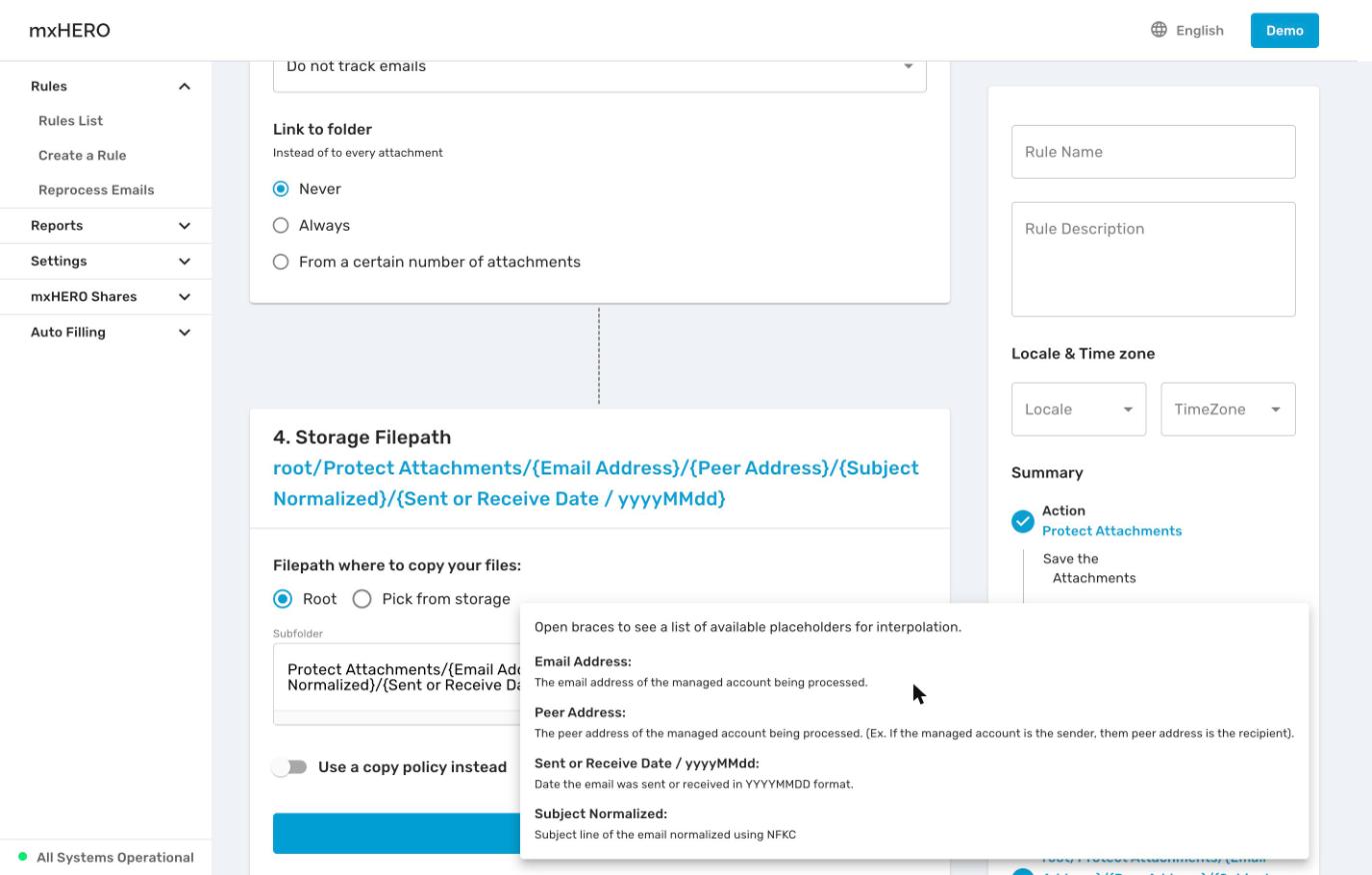 Subfolder help popover: Open braces to see a list of available placeholders, with the description of each variable used