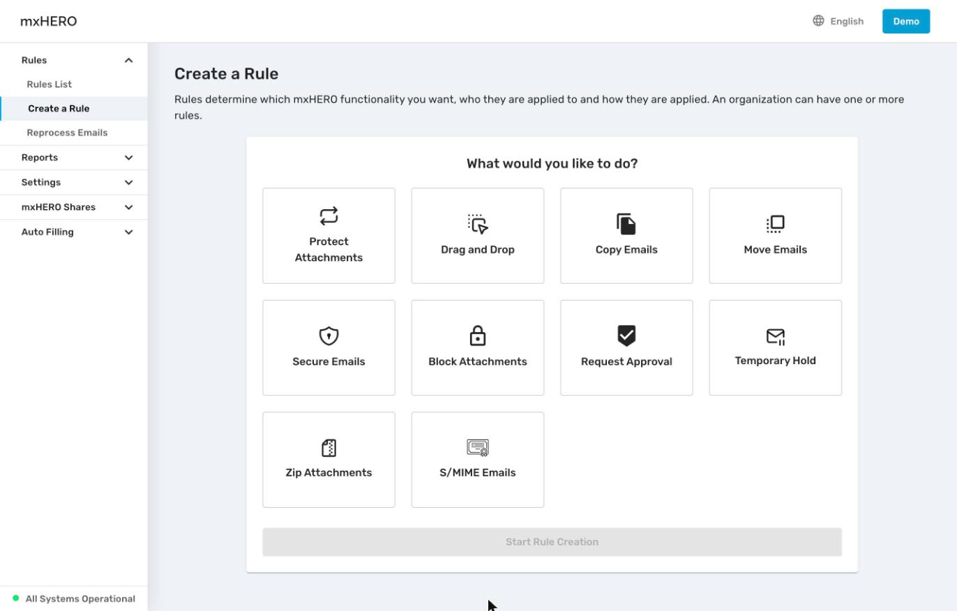 The action picker with ten action tiles and the Start Rule Creation button