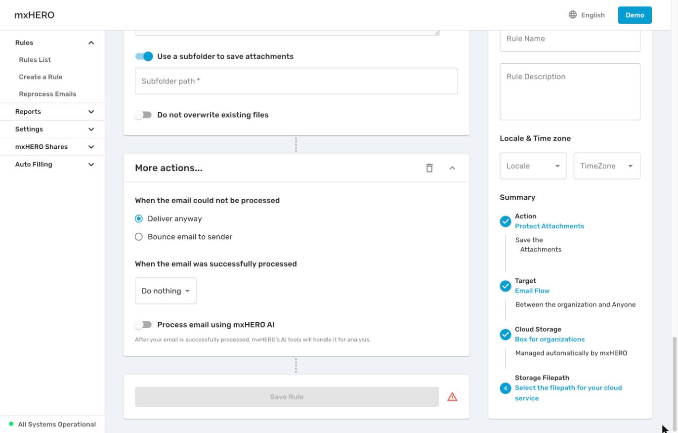 More actions panel with failure handling, success handling and the mxHERO AI toggle