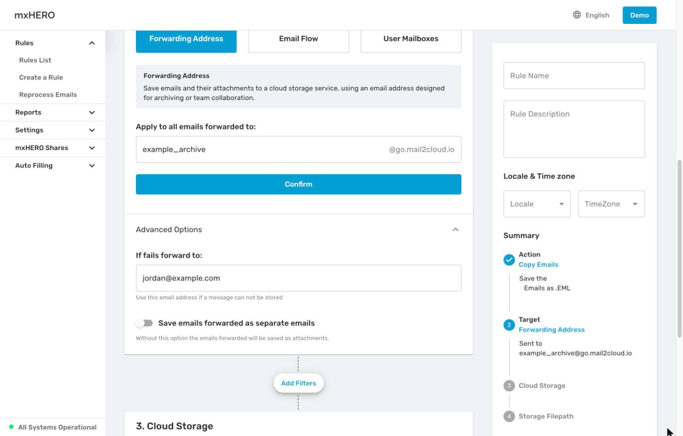 Forwarding Address target with the generated address and its Advanced Options