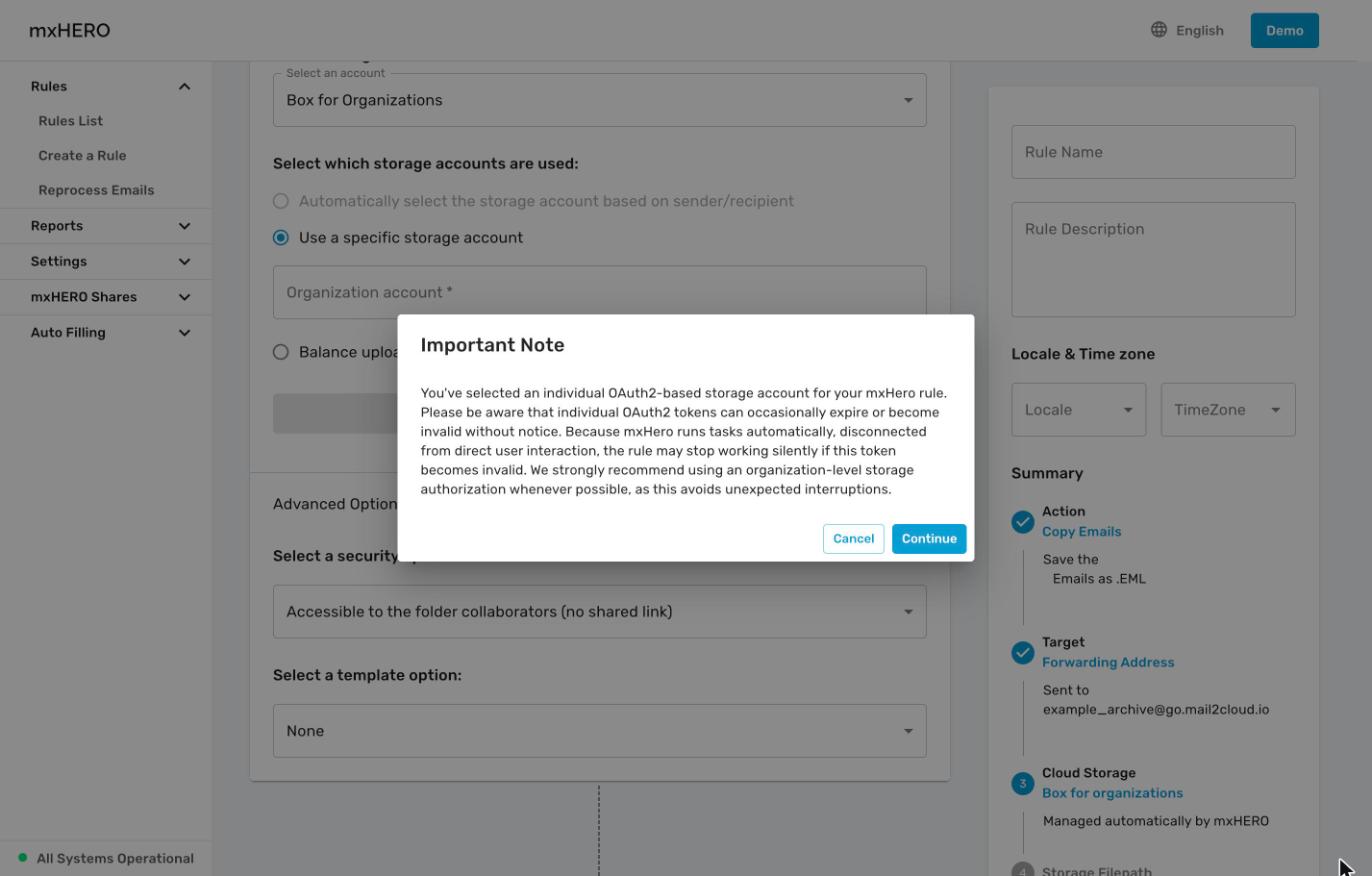 Important Note dialog shown when an individual storage account is chosen