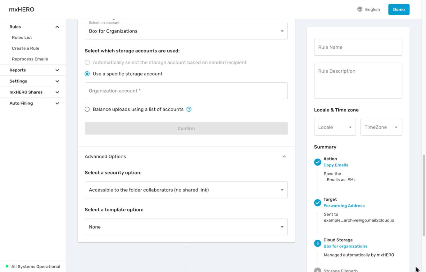 Copy Emails Cloud Storage Advanced Options with security and template options